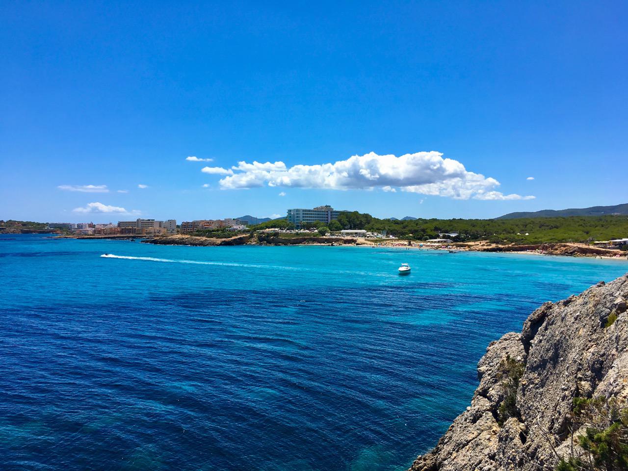 Wide view of Ibiza's Eastern Nova beach and cove