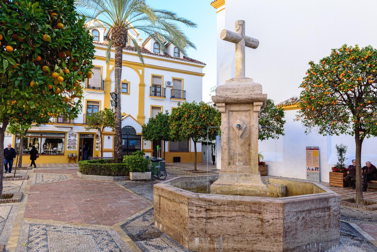 A fountain on a square in Old Town Marbella