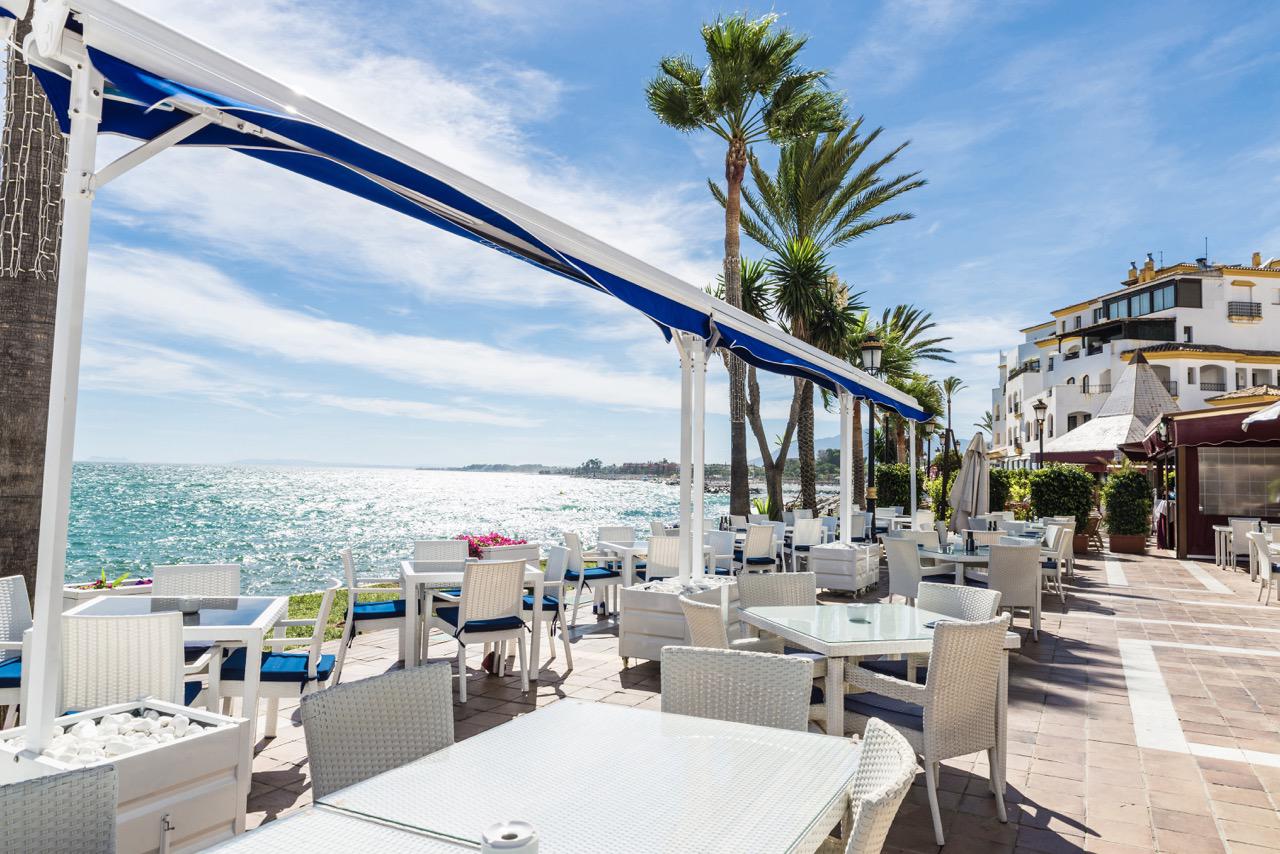 A sunny terrace in Marbella at the seaside