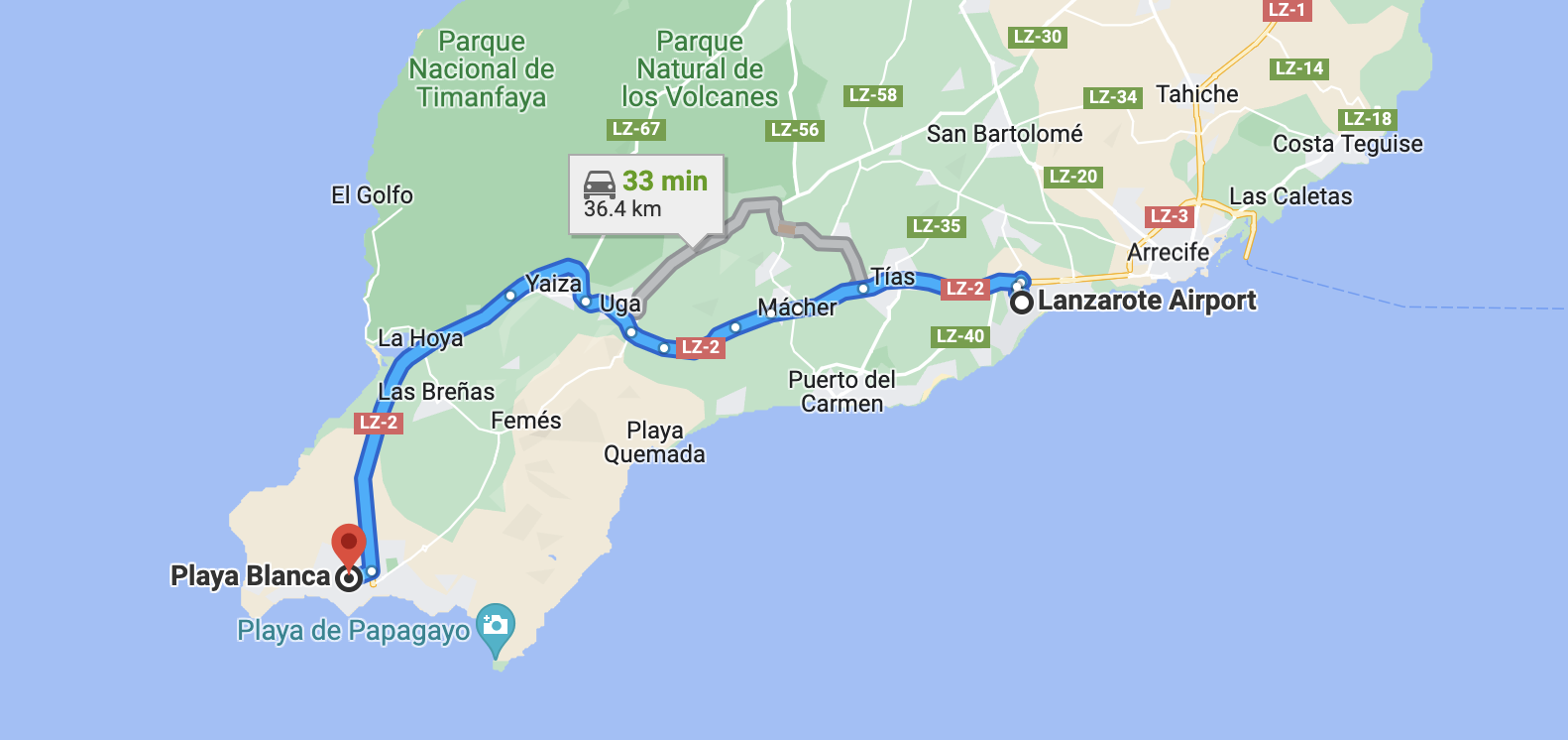 Playa Blanca travel distance by car to Lanzarote airport