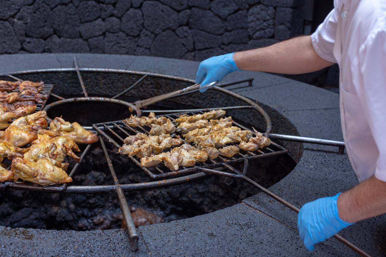Food on a Volcanic barbecue at the El Diablo restaurant in National Park Timanfaya
