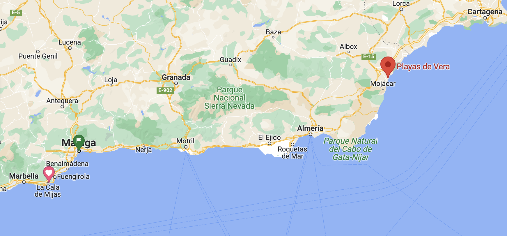 The location of Playas de Vera in Costa Almería in relation to Almería and Málaga city