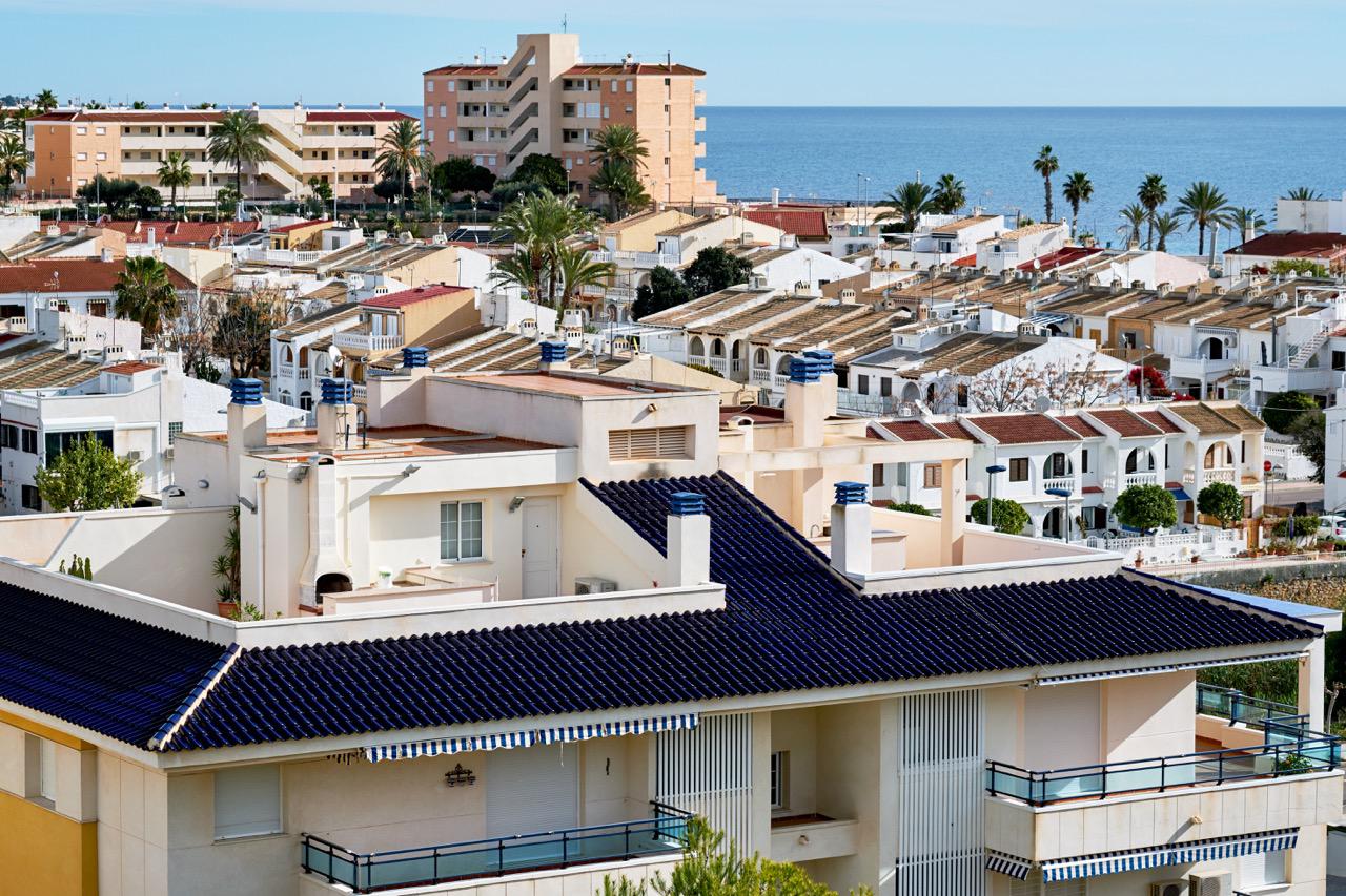 A birdseye view of apartment blocks and the sea in Pilar de la Horadada, Costa Blanca